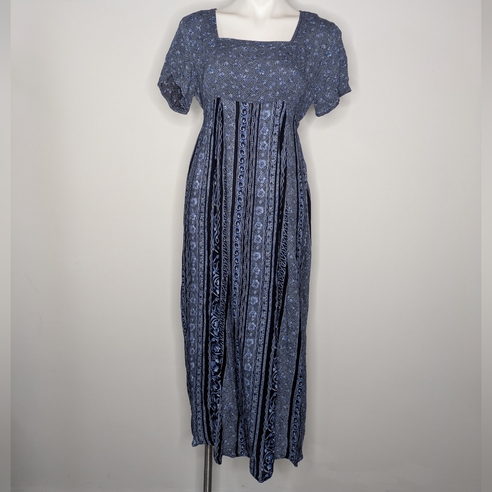 NWT Meghan Matthews Blue Black Square Neck Short Sleeve Midi Dress S
